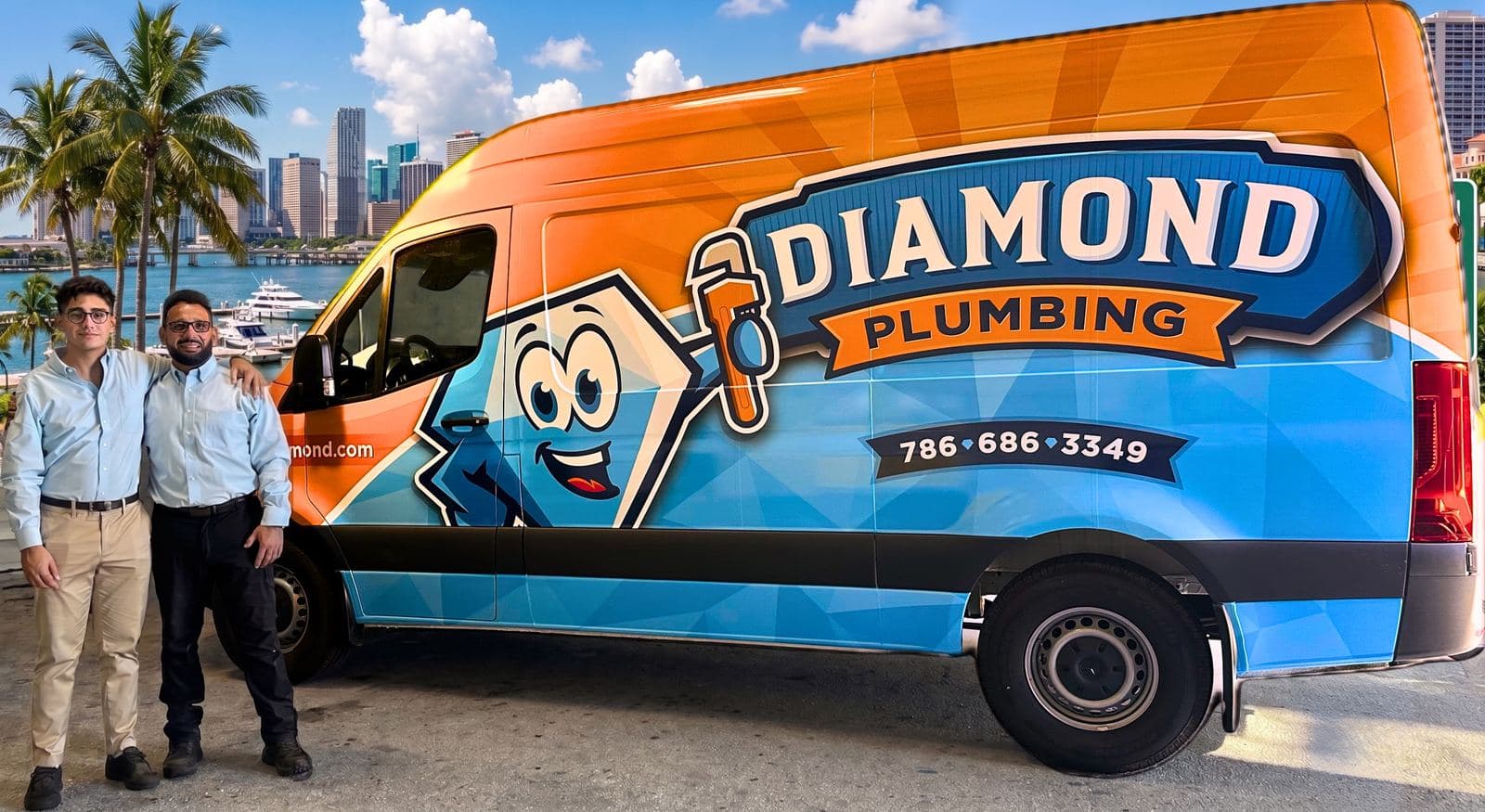 The Diamond Plumbing team in front of a branded service van in Miami, family-owned since 1999